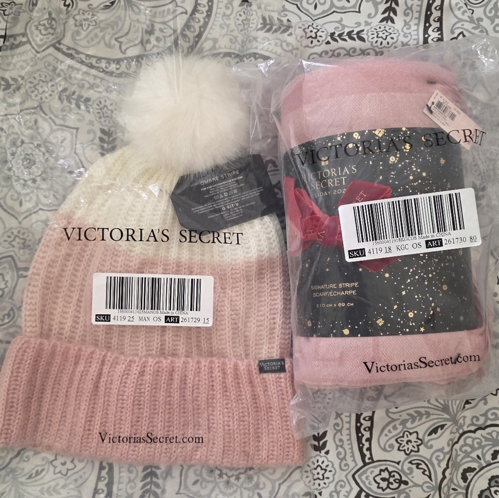 Victoria's Secret Pink and Cream Beanie and Scarf Set